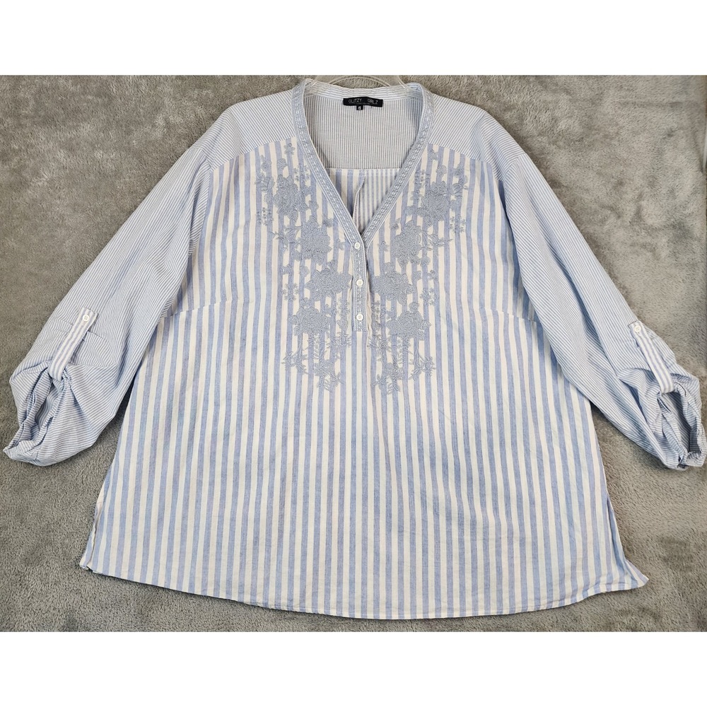 Glitzy Girlz Shirt Womens 1X Blue White Striped Embroidered Roll Tab Sleeve Top